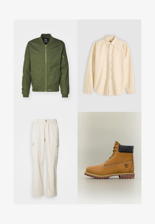 Chaqueta bomber verde oliva con cierre frontal, puños y dobladillo acanalados. Presenta un bolsillo con cremallera en la manga izquierda y un parche con el logo en la cintura.; Camisa beige de manga larga con botones y cuello, mostrada plana con los botones abrochados y los puños cerrados sobre un fondo claro.; Pantalones cargo color crema con una cintura elástica, bolsillos laterales, un diseño de pierna recta y una textura de tela suave y ligera.; Bota de tobillo de cuero marrón con cuello negro, cordones amarillos y suela beige. Presenta un logotipo y detalles de costura blanca. Suela exterior con tracción robusta.