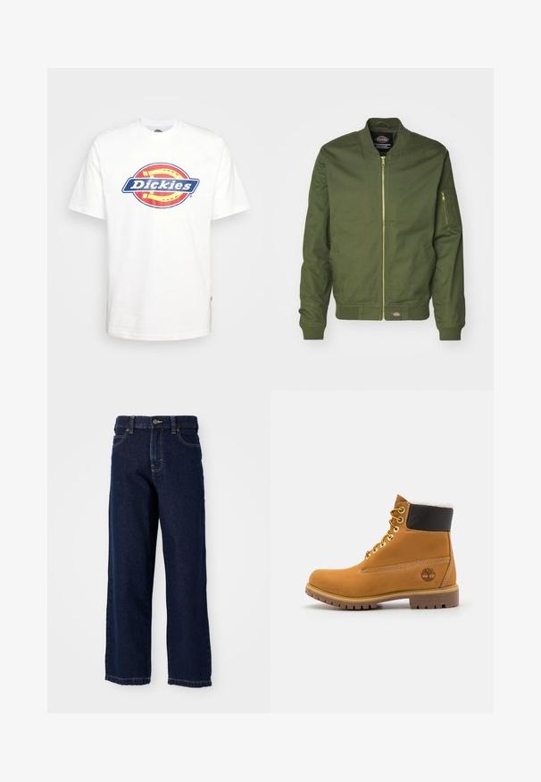 Veste bomber vert olive avec fermeture éclair à l'avant, poignets et ourlet côtelés. Présente une poche zippée sur la manche gauche et un écusson logo à la taille.; T-shirt en coton blanc avec un logo circulaire "Dickies" bleu et rouge au centre. Manches courtes et col ras du cou.; Jean large bleu foncé en denim avec une coupe droite, design à cinq poches et coutures de finition le long de l'ourlet.; Bottine en cuir brun avec œillets en métal, doublure en fourrure blanche, col rembourré noir, semelle robuste et logo en relief sur le côté.