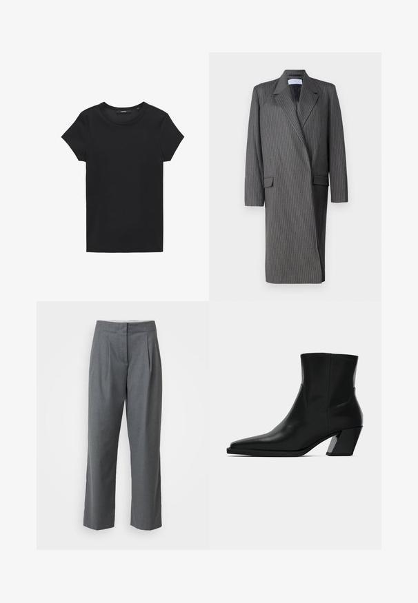 Grauer Blazer mit Streifenmuster, Reverskragen, langen Ärmeln und doppelter Knopfleiste. Strukturierter Stoff mit maßgeschneiderter Silhouette.; Schwarzes T-Shirt mit kurzen Ärmeln aus Rippstoff. Verfügt über einen runden Halsausschnitt und einen einfachen, geraden Schnitt. Minimalistisches Design ohne Verzierungen.; Graue maßgeschneiderte Hosen mit geradem Bein, die eine glatte Textur, Bundfalten und Schlitztaschen aufweisen. Keine sichtbaren Beschläge oder Akzente.; Schwarze Leder-Stiefelette mit spitzem Zeh, schlanker Silhouette und klobigem quadratischem Absatz. Glatte Textur mit minimalen Nähdetails.