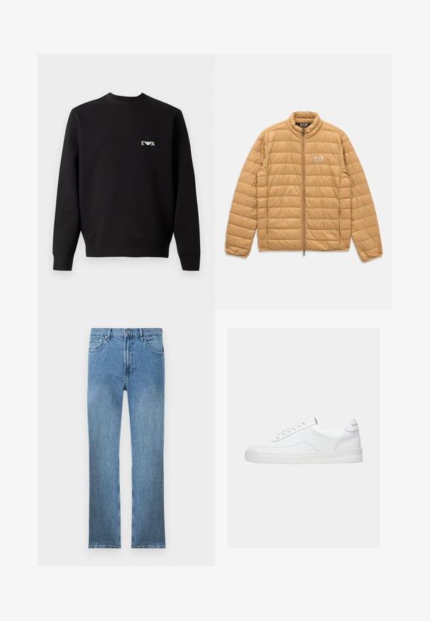 Lysebrunt polstret jakke med horisontale quiltninger, fuld front lynlås, ståkrave og hvidt EA7 Emporio Armani-logo på brystet.; Sort sweatshirt med rund hals, lange ærmer og ribbede manchetter. Har et lille hvidt broderet logo på brystet. Stoffet er en blanding af bomuld.; Lysblå denim jeans med lige snit, fem lommer, lynlås og kontrastsyninger. Stoffet har en glat, tekstureret overflade.; Hvid lavt sneaker med snørelukning, glat læderoverdel og tyk sål, vist fra siden på en ensfarvet baggrund.