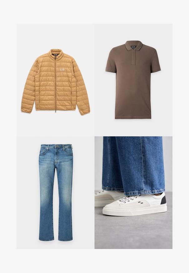 Lichtbruine gewatteerde jas met horizontale quilt, volledige rits aan de voorkant, staande kraag en wit EA7 Emporio Armani-logo op de borst.; Bruine korte mouwen polo met kraag en een verborgen knoopsluiting, weergegeven op een effen lichtgrijze achtergrond.; Blauwe denim broek, met rechttoe-rechtaan design en een vervaagde wassing, voorzien van een klassieke vijf-pocket stijl en metalen hardware accenten.; Witte en zwarte sneakers met een glad leren bovenwerk, textuuraccenten en een chunky witte zool. Heeft een klassiek vetersluiting ontwerp.
