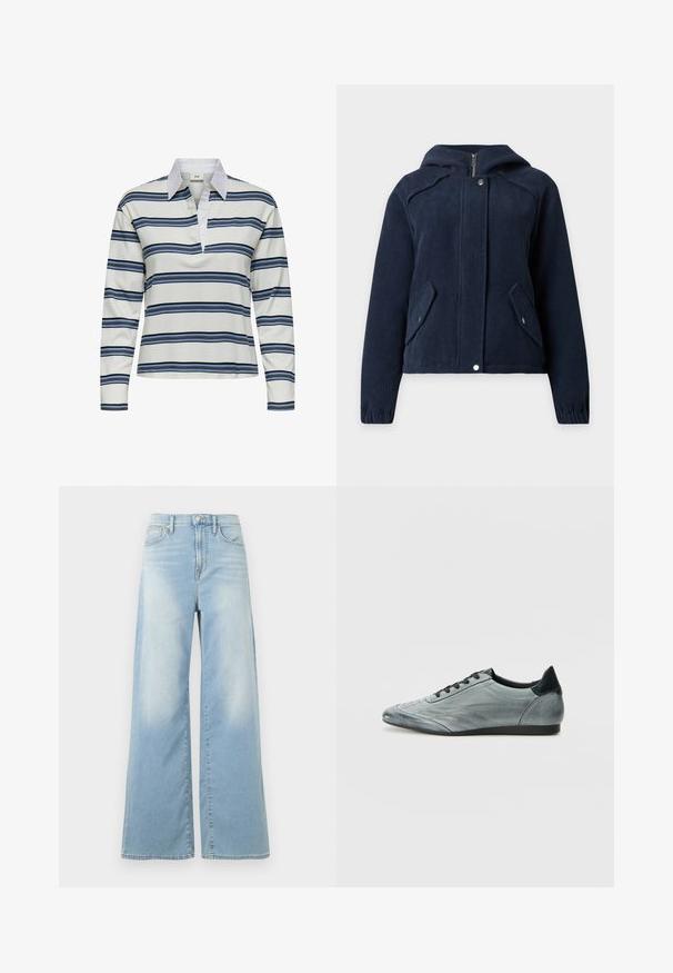 Marineblauwe corduroy jas met capuchon, ritssluiting aan de voorkant en drukknopen, lange mouwen en twee voorzakken met klep en drukknopen.; Poloshirt met lange mouwen, witte basis met marineblauwe en lichtblauwe horizontale strepen. Opvallende witte kraag en zachte katoenen textuur.; Lichtblauwe wijde jeans met hoge taille, voorste knoopsluiting en zakken, weergegeven tegen een witte achtergrond.; Lichtgrijze lederen sneaker met een slank ontwerp, voorzien van gestikte details, zwarte veters en een donker accent op de hak. Rubberen zool.