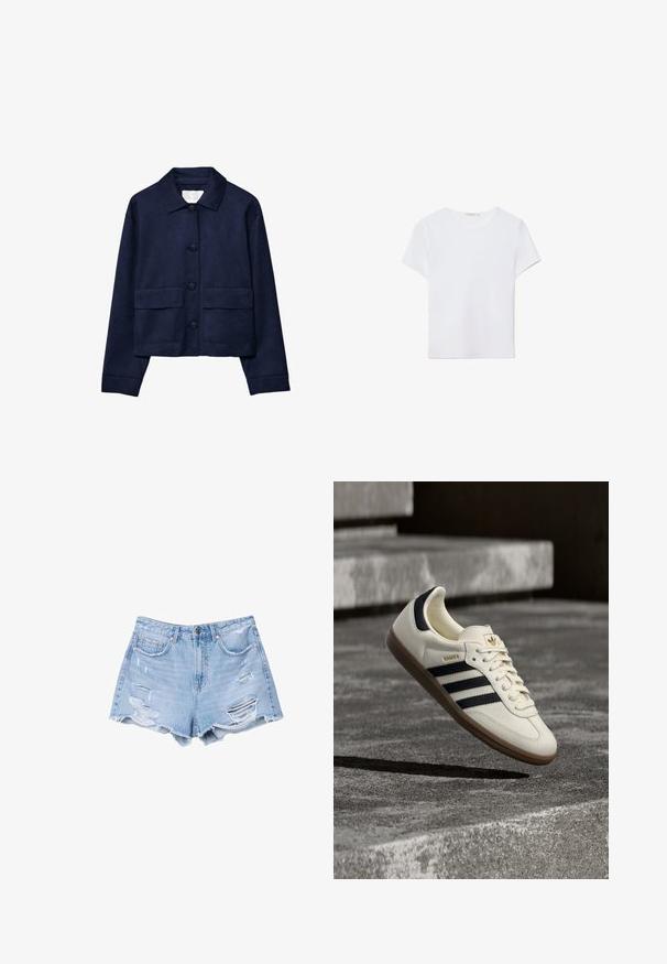 Marineblå, kort jakke lavet af imiteret ruskind med knaplukning foran, to brystlommer og en klassisk krave. Glat tekstur, afslappet design.; Hvid kortærmet t-shirt lavet af blødt stof. Har en rund halsudskæring og et simpelt, rent design med en lige underkant.; Lyseblå denimshorts med frynsetkant og slidte detaljer, med forlommer og knaplukning.; Hvid Adidas Samba sneaker med sorte striber og gummsål, svævende over teksturerede grå betonstrin.