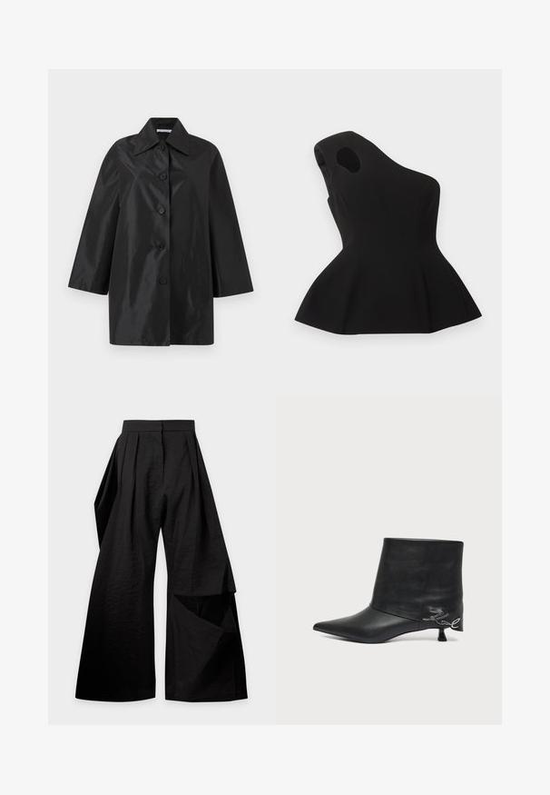 Manteau noir mi-long avec large col, cinq boutons sur le devant et manches longues, présenté sur un fond blanc uni.; Haut noir asymétrique sans manches avec une découpe près de l'épaule et un ourlet évasé en bas de style péplum, posé à plat sur un fond clair.; Pantalon noir à jambes larges avec des plis à la taille et un panneau de tissu superposé sur la jambe droite.; Bottine en cuir noir avec bout pointu, petit talon kitten et détail écrit argenté près du talon.