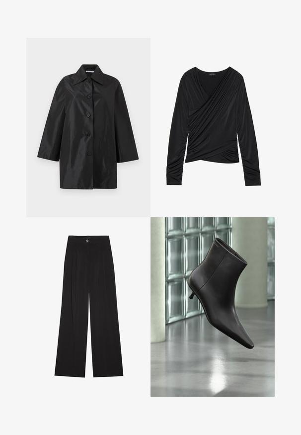 Black mid-length coat with wide collar, five front buttons, and long sleeves, displayed against a plain white background.; Black long-sleeve top with a wrap design, featuring draped fabric, gathered side detailing, and a smooth texture. Tag visible at the neckline.; Black wide-leg trousers made of soft fabric, featuring a high waist, front pleats, and a single button closure. Smooth texture and tailored design.; Black leather ankle boot with pointed toe and small heel displayed against glass block wall and polished floor background.