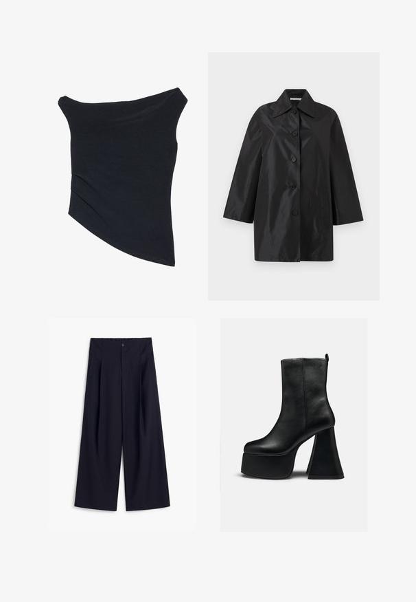 Zwarte mid-lange jas met brede kraag, vijf knopen aan de voorkant en lange mouwen, weergegeven tegen een eenvoudige witte achtergrond.; Zwarte off-shoulder top met een fitted ontwerp, asymmetrische zoom en een zachte, gladde textuur. Het heeft gatherstof bij de halslijn.; Navyblauwe wijde broek met hoge taille, zakken aan de zijkant, knoopsluiting en rits aan de voorkant, gemaakt van gladde stof.; Zwarte leren enkellaars met dikke plateauzool en brede uitlopende hoge hak, gladde textuur en klein logo nabij de bovenrand.