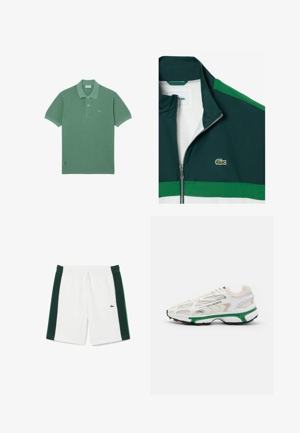 Chaqueta verde oscuro y verde con cremallera, forro de malla blanca y un pequeño logo de cocodrilo verde bordado en el pecho.; Camisa polo de algodón verde con un clásico cierre de tres botones, mangas cortas y un pequeño logo en el lado izquierdo del pecho.; Pantalones cortos blancos con paneles laterales verde oscuro, cintura elástica con cordón y pequeño logo verde de cocodrilo en el muslo izquierdo.; Zapatilla blanca con acento verde y suela de goma negra. Presenta paneles de malla y sintéticos, con un acabado texturizado y costuras visibles.