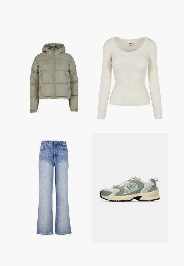 Veste doudoune verte avec fermeture éclair à l'avant, capuche et poignets côtelés. Design matelassé avec une coupe courte et texture douce.; Haut à manches longues côtelé en blanc cassé. Doté d'un grand col en scoop et d'une coupe ajustée. Fabriqué en tissu doux et extensible.; Un jean large en denim bleu clair présente une taille haute, une fermeture à bouton, un léger délavé et un design classique à cinq poches.; Baskets de sport New Balance blanches et vert clair en tissu en maille, avec une semelle beige et un semelle noire, présentées de côté sur un fond uni.