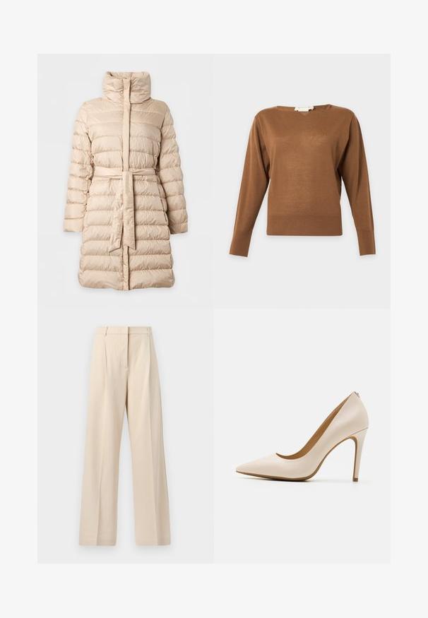 Manteau d’hiver matelassé beige mi-longue avec col montant, piqûres horizontales, manches longues et ceinture en tissu assortie à la taille.; Pull marron à manches longues avec col rond, design simple et ajusté, avec poignets et ourlet côtelés, présenté sur un fond neutre.; Pantalon beige taille haute à jambes larges avec plis sur le devant et fermeture éclair dissimulée, fabriqué en tissu texturé.; Escarpin beige à talon haut, à bout pointu, finition en cuir lisse, talon stiletto mince, design minimaliste avec un détail arrière subtil.