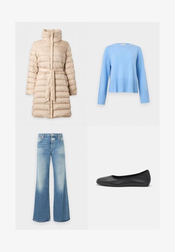 Manteau d’hiver matelassé beige mi-longue avec col montant, piqûres horizontales, manches longues et ceinture en tissu assortie à la taille.; Pull bleu clair à col rond, manches longues avec poignets et ourlet côtelés sur un fond gris uni.; Jean large bleu clair en denim, présentant un lavage décoloré, un design traditionnel à cinq poches, et des coutures visibles le long des seams.; Ballerines en cuir noir avec un bout rond, texture lisse, détails de couture minimalistes et design de semelle flexible.