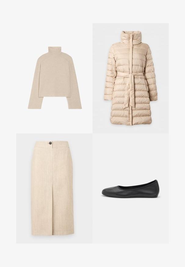 Beige knælang vinterjakke med foer, høj krave, vandrette syninger, lange ærmer og matchende stofbælte i taljen.; Beige ribbet turtleneck sweater med lange ærmer og en tætsiddende design, der har en høj krave og et tekstureret strikkemønster.; Beige knælængde blyantsnederdel med frontslids, to vandrette sidelommer og enkelt sort knaplukning ved taljen.; Sort læderballetsko med rund tå, glat tekstur, minimal syning og et fleksibelt såldesign.