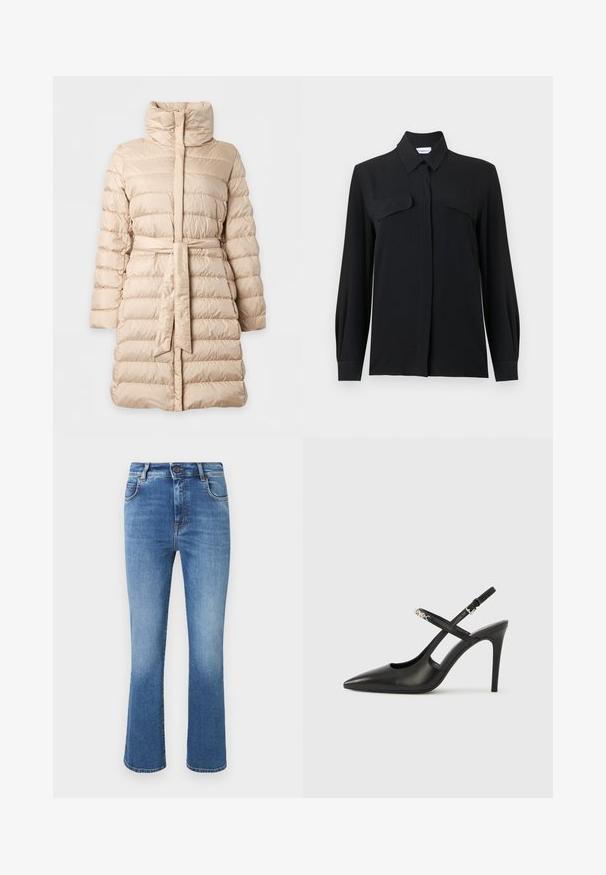 Manteau d’hiver matelassé beige mi-longue avec col montant, piqûres horizontales, manches longues et ceinture en tissu assortie à la taille.; Blouse noire à boutons, réalisée en tissu léger, avec un col pointu, des manches longues et deux poches poitrine avec rabats.; Jean en denim bleu taille haute avec jambes légèrement évasées, cinq poches, fermeture par bouton et décoloration subtile sur le devant.; Escarpins slingback en cuir noir avec bout pointu, design ajouré et bride ajustable ornée de ferrures métalliques.