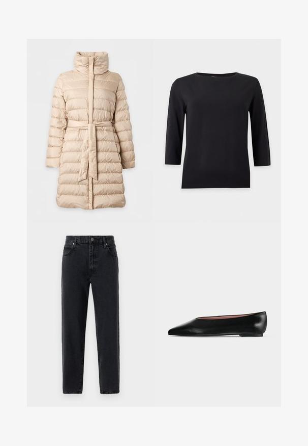 Manteau d’hiver matelassé beige mi-longue avec col montant, piqûres horizontales, manches longues et ceinture en tissu assortie à la taille.; Chemise noire à manches longues avec un col rond et un design simple et ajusté sur fond blanc.; Pantalons en jean noir avec une coupe droite, comportant cinq poches, une fermeture à bouton et un détail de couture visible.; Chaussure plate en cuir noir pour femme, avec bout pointu et petit talon, vue de côté sur un fond gris clair uni.