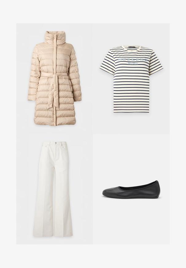 Manteau d’hiver matelassé beige mi-longue avec col montant, piqûres horizontales, manches longues et ceinture en tissu assortie à la taille.; T-shirt blanc à manches courtes avec des rayures horizontales bleu marine et texte brodé bleu « WEEKEND MaxMara » sur la poitrine.; Pantalon blanc à taille haute et jambes larges avec poches avant, fermeture par boutons et coutures verticales apparentes le long des jambes.; Ballerines en cuir noir avec un bout rond, texture lisse, détails de couture minimalistes et design de semelle flexible.