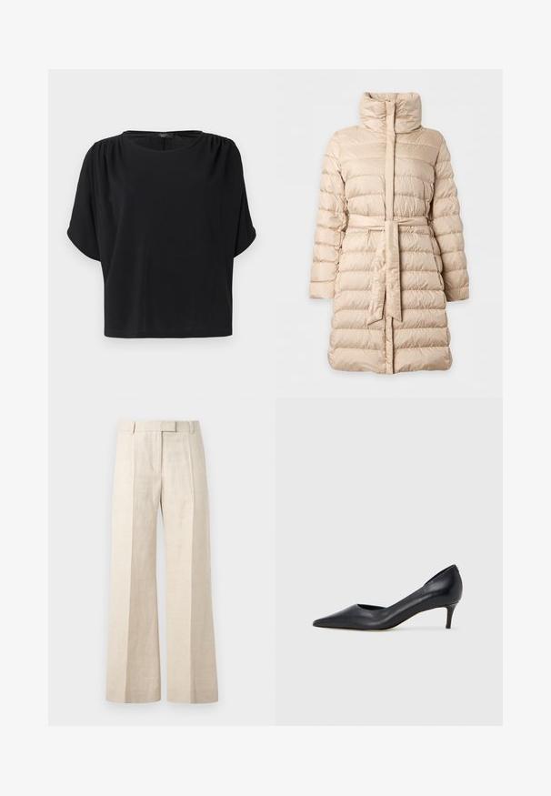 Manteau d’hiver matelassé beige mi-longue avec col montant, piqûres horizontales, manches longues et ceinture en tissu assortie à la taille.; Haut noir à manches courtes avec une coupe décontractée, un col rond et des détails froncés aux épaules, confectionné dans un tissu doux et léger.; Pantalon beige taille haute à jambes droites avec plis devant, passants pour ceinture et fermeture avant dissimulée.; Escarpin en cuir noir avec un bout pointu et un talon bas. Présente une texture lisse et un éclat subtil. Découpe ouverte à l'avant pour un détail supplémentaire.