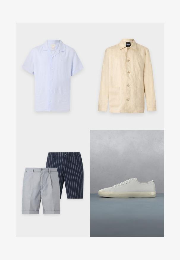 Veste beige à manches longues avec col, trois poches avant et une étiquette "BOSS" visible au niveau du col.; Chemise bleu clair à manches courtes avec col campagnard et logo discret sur la poitrine, sur fond uni.; Deux paires de shorts pour hommes sur mesure, un gris clair et un bleu marine avec des rayures verticales blanches, les deux avec passants pour ceinture et boutons à l’avant.; Baskets en cuir blanc avec lacets flottant au-dessus de carreaux en bois carrés et de petits cailloux, avec un arbre et un fond gris.