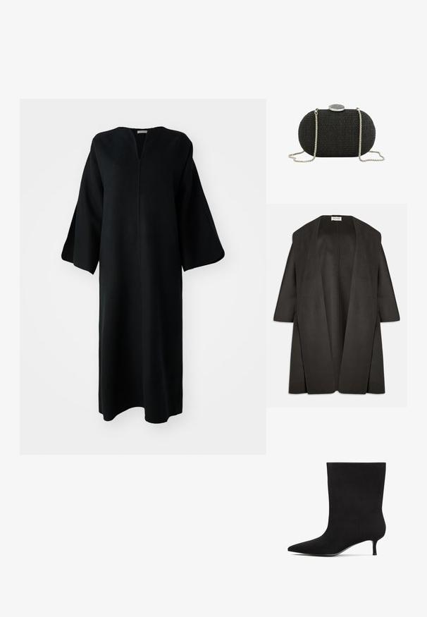 Mørkegrå oversized frakke lavet af blødt stof. Bred åben front uden lukninger, trekvartærmer og et minimalistisk design.; Lang sort kjole med brede ærmer og V-udskæring, præsenteret mod en hvid baggrund.; Sort ruskinds ankelstøvle med spids tå og lav kitten hæl. Glat overflade og minimalistisk design uden markante mønstre eller accenter.; Sort oval vævet clutch med sølvkæde strop og rund sølv lukning på toppen, vist mod hvid baggrund.