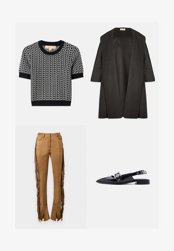 Manteau oversize gris foncé en tissu doux. Devant largement ouvert sans fermetures, manches trois-quarts et design minimaliste.; Pull noir à manches courtes avec un motif de flèche tissé en blanc. Col et poignets côtelés, coupe ajustée et texture douce.; Pantalon en daim marron avec franges latérales, coupe ajustée et ourlets fendus, présentant une texture lisse et des détails de couture minimalistes.; Ballerine pointue en cuir verni noir avec double boucle argentée et talon slingback sur fond blanc.