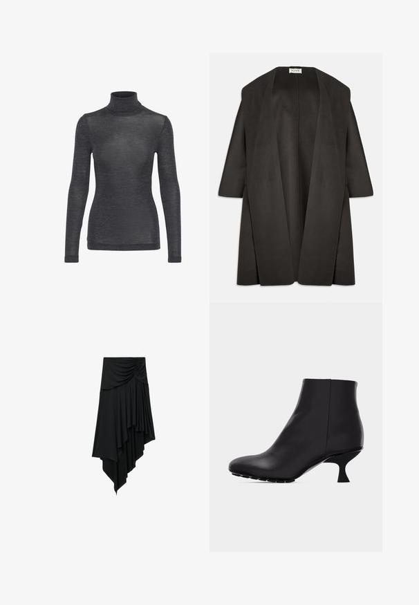 Mørkegrå oversized frakke lavet af blødt stof. Bred åben front uden lukninger, trekvartærmer og et minimalistisk design.; Langærmet turtleneck top i mørkegrå, med en glat tekstur og en subtil glans samt en tætsiddende silhuet.; Sort asymmetrisk nederdel med rynket detalje ved taljen og lagdelt draperet stof, der skaber en faldende kant.; Sort læderankelstøvle med spids tå og unik buet hæl i mellemstor højde, vist på en ensfarvet lysegrå baggrund.