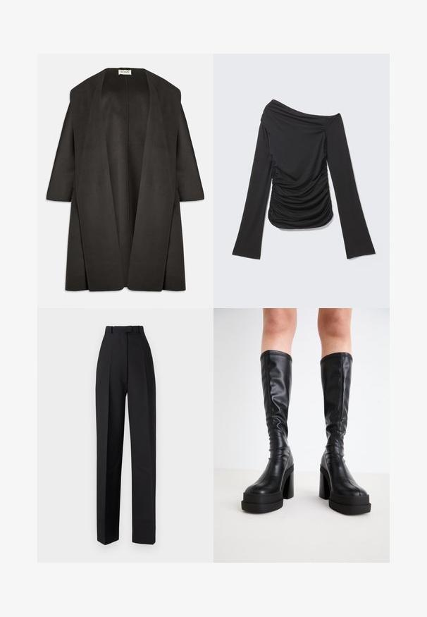Mørkegrå oversized frakke lavet af blødt stof. Bred åben front uden lukninger, trekvartærmer og et minimalistisk design.; Sort langærmet top med asymmetrisk off-shoulder halsudskæring og rynkede detaljer på siderne og foran.; Sorte højtaljede bukser med plisseringer, der har et skræddersyet design og lige ben. Fremstillet af et glat stof med minimal detaljering.; Sorte knælange støvler i glat læder, med en tyk platform og blokhæle, samt stikninger langs kanterne.