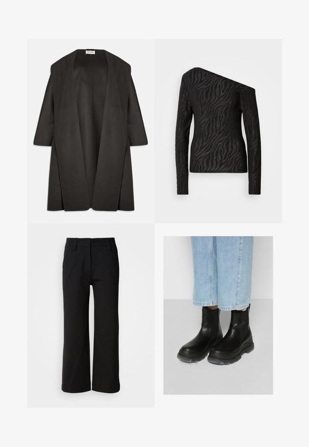 Tumedast hallist oversize mantel, mis on valmistatud pehmest kangast. Lai avatud esikülg, kus ei ole kinnitusi, kolmeveerandikleepsud ja minimalistlik disain.; Must mustärga pika varrukaga särk, asümmeetrilise kaelusega, millel on seepia triibumuster ja läbipaistev tekstuur.; Mustad laiad püksid, mis on valmistatud siledast kangast. Omavad lõike ees lamefronti, vööde jaoks silmuseid ning puhta hemmi, ilma taskute või nähtavate kinnitusteta.; Mustad mustad nahast hüppekingad elastsete külgpaneelidega, tekstuurse pinnaga ja roostevabast hallist kummist tallaga. Ühendatud helesiniste lühikeste teksadega.