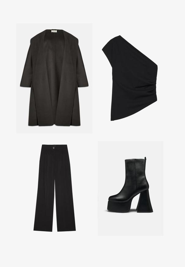 Mørkegrå oversized frakke lavet af blødt stof. Bred åben front uden lukninger, trekvartærmer og et minimalistisk design.; Sort top med én skulder lavet af strækbart stof, med en detaljeret ruched side og en asymmetrisk kant. Glat tekstur med let fald.; Sorte bukser med vide ben lavet af blødt stof, med høj talje, frontfolder og enkelt knaplukning. Glat tekstur og skræddersyet design.; Sort læderankelstøvle med tyk platformsål og bred, udvidet høj hæl, glat tekstur og lille logo nær den øverste kant.