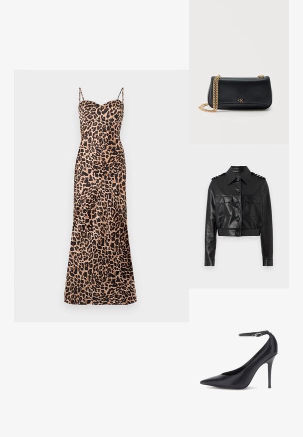 Sort cropped læderjakke med spidse krave, front lukning med knapper, to brystlommer og manchetter med knapper. Dæmpet, struktureret overflade.; Leopard print maxi kjole med tynde justerbare stropper, en sweetheart-udskæring og en glat, satin-lignende tekstur.; Sorte læder højhælede pumps med spids tå og ankelstrop, der har en glat tekstur og et slankt stiletto-hæl design.; Sort læder skuldertaske med guldkæde rem og lille guld "cK" logo centreret på frontklappen mod en ensfarvet baggrund.