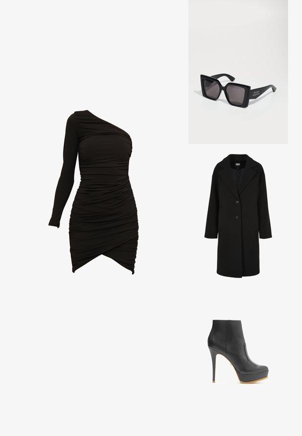 Abrigo negro de mezcla de lana con solapa con muesca, diseño de un solo pecho, dos botones y bolsillos laterales; presenta un corte recto con una textura suave.; Vestido negro de un solo hombro, confeccionado en material elástico, con detalles fruncidos y un dobladillo asimétrico que proporciona una silueta ajustada.; Botín de cuero negro hasta el tobillo con un alto tacón de aguja y plataforma. Presenta una textura suave y un sutil diseño con corte lateral.; Gafas de sol cuadradas de gran tamaño en negro con lentes oscuros. Las monturas gruesas tienen un acabado brillante y el logo de "Alexander McQueen" en la patilla.