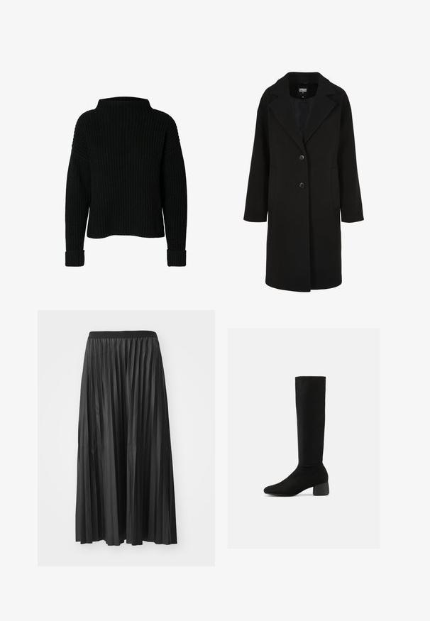 Sort uldblandet frakke med en udskåret krave, enkeltbrettet design, to knapper og sidelommer; har en lige snit med en glat tekstur.; Sort strikket sweater med høj hals, ribbet tekstur og lange ærmer. Har brede manchetter ved håndleddene og en afslappet pasform.; Sort plisseret maxiskørt med en glat tekstur og elastisk talje, der har lodrette folder som skaber volumen og bevægelse.; Sort knæhøj støvle med strækmateriale, rundet blokhæl og en let spids tå, set fra siden mod en hvid baggrund.