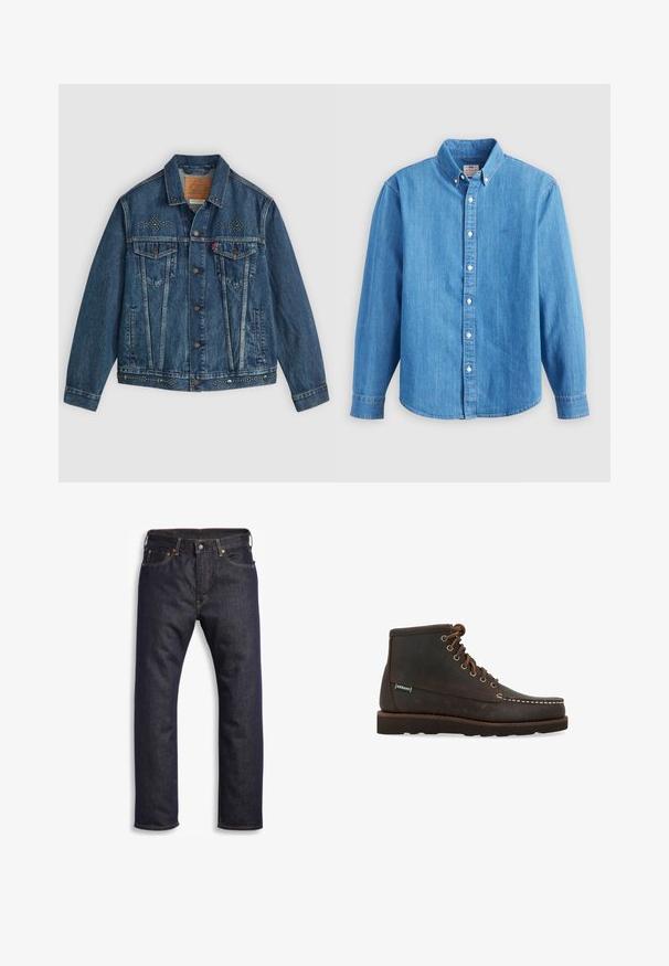 Blå denimjakke med knaplukning, to brystlommer og nitter på skuldrene og kanten. Klassisk design.; Lyseblå denimskjorte med lange ærmer, knap-ned krave og hvide knapper. Har et lille broderet logo på brystet.; Mørkeblå denimjeans med lige snit, fem-lomme design, metalbeslag og kontrasterende orange syninger. Glat tekstur, ingen synlige mønstre.; Sebago Snørestøvletter - marrone