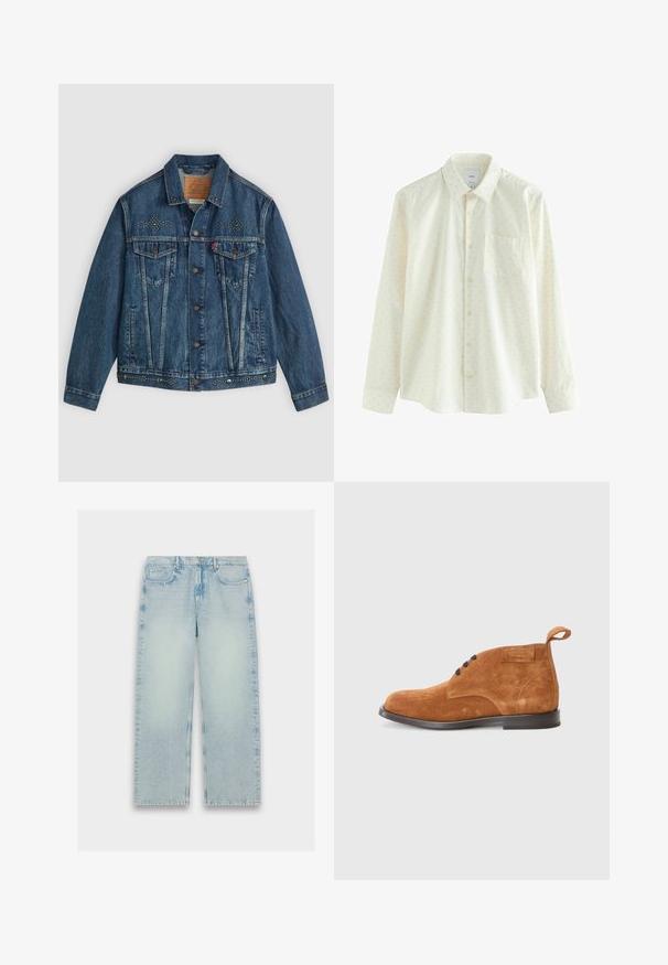 Chaqueta de denim azul con cierre de botón, dos bolsillos en el pecho y adornos con tachuelas en los hombros y el dobladillo. Diseño clásico.; Camisa blanca de manga larga con un sutil estampado de puntos, cuello abotonado y un bolsillo en el pecho. Fabricada con un tejido ligero.; Jeans de mezclilla de cintura alta en azul claro, con un diseño de pierna recta, textura desgastada y estilo clásico de cinco bolsillos.; Botas de ante marrón hasta el tobillo con puntera redondeada, que presentan cordones negros, una pestaña de tirón y una suela negra baja. Textura suave, diseño minimalista.