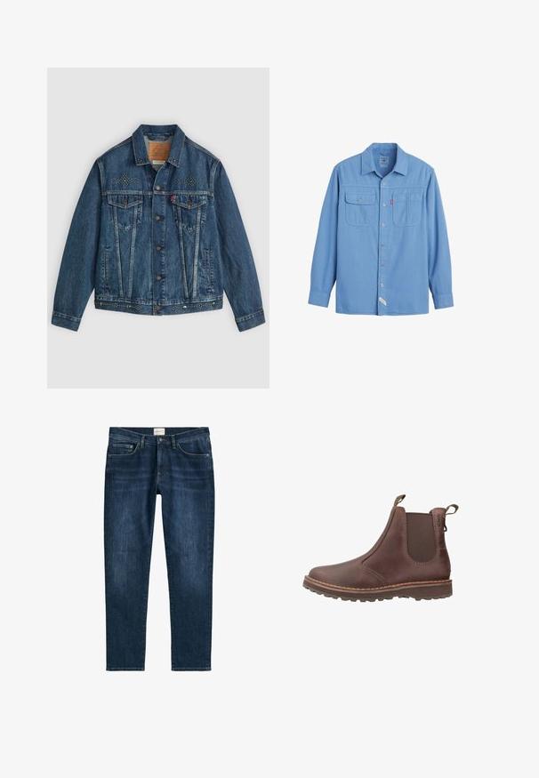 Blaue Jeansjacke mit Knopfverschluß, zwei Brusttaschen und Nietenverzierungen an den Schultern und am Saum. Klassisches Design.; Hellblaues langärmeliges Hemd mit Knöpfen, zwei Brusttaschen, Kragen und sichtbaren Nahtdetails.; Dunkelblaue Denim-Jeans mit geradem Bein, fünf Taschen, Gürtelschlaufen und dezentem Verblassen. Der Stoff hat eine glatte Textur.; Braune Leder-Ankle-Boots mit elastischen Seitenpaneelen, Zuglaschen, kontrastierenden Nähten und robuster Gummisohle für besseren Halt.