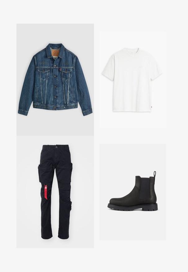 Blå denimjakke med knaplukning, to brystlommer og nitter på skuldrene og kanten. Klassisk design.; Hvid t-shirt i bomuld med korte ærmer, rund halsudskæring og en diskret "Levi's"-logo trykt i lyse farver på forsiden.; Sorte cargo-bukser med flere sidelommer, bæltestrop og et rødt mærke på venstre side. Fremstillet af slidstærkt bomuldsstof.; Sorte læder Chelsea-boot med elastiske sider, trækribe og struktureret gummisål for godt greb. Slank design og understated finish.