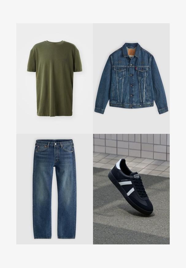 Chaqueta de denim azul con cierre de botón, dos bolsillos en el pecho y adornos con tachuelas en los hombros y el dobladillo. Diseño clásico.; Camiseta de color verde oliva en algodón, con mangas cortas, cuello redondo y un pequeño logo impreso en azul oscuro en el lado izquierdo del pecho.; Vaqueros vaqueros azul de pierna recta con cinco bolsillos y remaches de cobre, mostrados planos sobre un fondo gris claro.; Zapatilla de cuero negra con rayas blancas, suela de goma texturizada y parte frontal con cordones. Cuenta con una etiqueta de marca en la lengüeta.