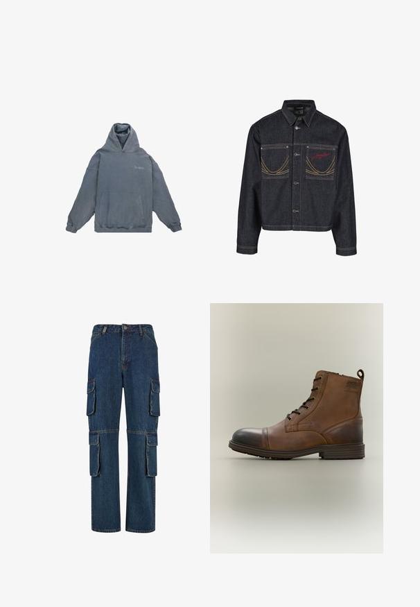 Veste en denim bleu foncé avec deux poches poitrine, fermeture à boutons, surpiqûres jaunes contrastantes et logo brodé rouge sur la poche gauche.; Haut en coton gris avec une poche kangourou à l'avant, capuche à cordon et poignets côtelés. Présente un subtil texte "Dropsize" sur la poitrine.; Pantalons cargo en denim bleu foncé présentant de multiples poches latérales, un design à jambes droites et des coutures contrastantes. Tissu durable avec une coupe classique.; Botte cheville en cuir marron à lacets avec bout noir, semelle ronde et détail de marque sur le côté sur fond uni.
