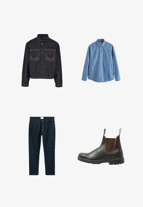Donkerblauwe spijkerjack met twee borstzakken, knoopsluiting, contrasterend gele stiksels en een rood geborduurd logo op de linkerborstzak.; Blauw chambray overhemd met lange mouwen, knoopsluiting aan de voorkant en twee borstzakken, plat gelegd op een witte achtergrond.; Donkerblauwe denim jeans, rechte pasvorm, met vijf zakken, knoopsluiting en contrasterende stiksels. Gladde textuur met een klassiek ontwerp.; Chelsea-boots van glad zwart leer met bruine elastische zijpanelen, contrasterende stiksels en een gestructureerde rubberen zool.