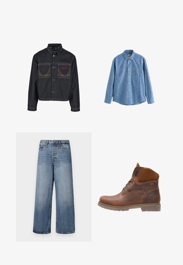 Donkerblauwe spijkerjack met twee borstzakken, knoopsluiting, contrasterend gele stiksels en een rood geborduurd logo op de linkerborstzak.; Blauw chambray overhemd met lange mouwen, knoopsluiting aan de voorkant en twee borstzakken, plat gelegd op een witte achtergrond.; Wijde blauwe denim jeans met een vervaagde was, vijf zakken en een knoopsluiting. Voorzien van riemlussen en gestikte details.; Bruine leren enkellaarzen met suede accenten, ronde neus, vetersluiting aan de voorkant, stevige zool en een geperste logo-detail aan de zijkant.