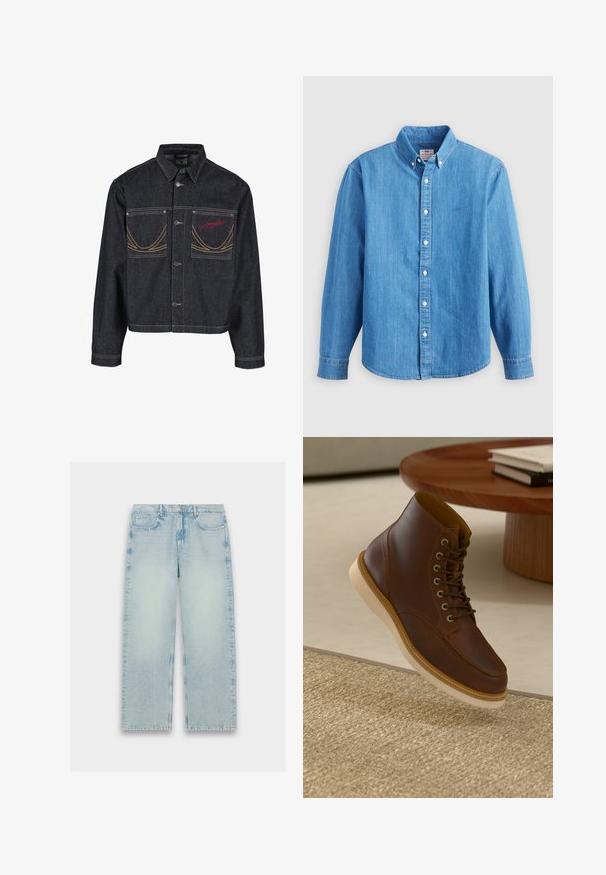 Dunkelblaue Jeansjacke mit zwei Brusttaschen, Knopfverschluss, kontrastierender gelber Naht und rotem gesticktem Logo auf der linken Tasche.; Hellblaues Jeanshemd mit langen Ärmeln, button-down Kragen und weißen Knöpfen. Verfügt über ein kleines besticktes Logo auf der Brust.; Helle blaue, hochtaillierte Jeans mit geradem Bein, verblasster Textur und klassischem Fünf-Taschen-Design.; Braune Leder-Ankle-Boots mit beiger Sohle auf einem strukturierten beigen Teppich neben einem runden Holztisch mit gestapelten Büchern.