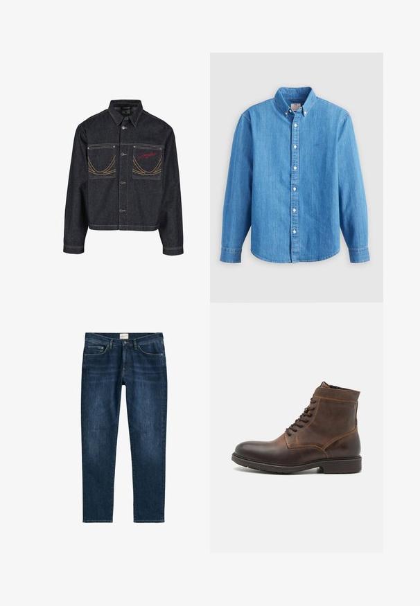Donkerblauwe spijkerjack met twee borstzakken, knoopsluiting, contrasterend gele stiksels en een rood geborduurd logo op de linkerborstzak.; Lichtblauw denim overhemd met lange mouwen, button-down kraag en witte knopen. Heeft een klein geborduurd logo op de borst.; Donkerblauwe denim jeans met een rechte pijp, vijf zakken, riemlussen en subtiele vervaging. De stof heeft een gladde textuur.; Jack & Jones JFWDELANEY BOOT - Veterboots - cognac