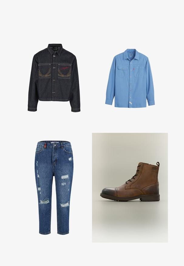 Mørkeblå denimjakke med to brystlommer, knaplukning, kontrasterende gule syninger og rødt broderet logo på venstre lomme.; Lyseblå langærmet skjorte med knapper, to brystlommer, krave og synlige syningsdetaljer.; Blå denimjeans med slidte områder, herunder store huller og frynsede kanter. Har et klassisk fem-lomme design og en knaplukning.; Brun læderstøvle med snørebånd, sort tåhætte, rund sål og mærket detalje på siden mod ensfarvet baggrund.