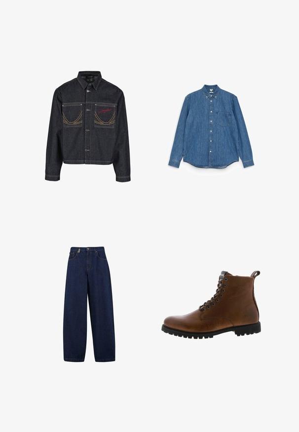 Donkerblauwe spijkerjack met twee borstzakken, knoopsluiting, contrasterend gele stiksels en een rood geborduurd logo op de linkerborstzak.; Blauwe denim overhemd met lange mouwen, een puntige kraag, witte knopen, één borstzak en een rechte zoom. Egaal textuur en gemiddeld gewicht.; Losse, donkerblauwe denim jeans met een hoge taille, frontzakken en een recht model. Inclusief zilverkleurige hardware en minimale stiksels.; Bruine leren enkelbotten met een gestructureerde afwerking, metalen oogjes en een zwarte rubberen profielzool. Voorzien van een trekband aan de achterkant voor gemakkelijke instap.
