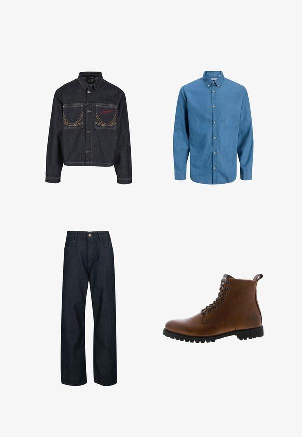 Mørkeblå denimjakke med to brystlommer, knaplukning, kontrasterende gule syninger og rødt broderet logo på venstre lomme.; Blå skjorte med knapper, lavet af denim, med krave og lange ærmer. Ensartet tekstur med synlige knapper ned ad fronten.; Mørkeblå denim jeans med lige pasform, der har knaplukning, fem lommer og kontrastsyninger på sømmene.; Brune læder ankelstøvler med tekstureret overflade, metaløjer og sort gummisål. Har en træktab bagpå for nem påtagning.