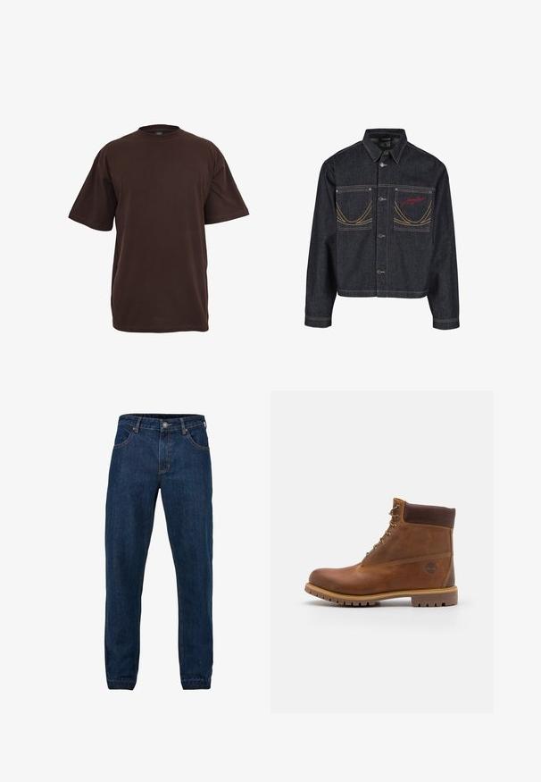 Donkerblauwe spijkerjack met twee borstzakken, knoopsluiting, contrasterend gele stiksels en een rood geborduurd logo op de linkerborstzak.; Bruine katoen t-shirt met korte mouwen, ronde hals en een relaxte pasvorm. Glad textuur zonder zichtbare patronen of accenten.; Donkerblauwe denim jeans met een recht model, gestikte details, vijf zakken en een metalen knoopsluiting bij de taille.; Bruine leren wandelschoen met een gladde afwerking, gevoerde enkel, metalen oogjes en een rubberen zool met een robuust profiel.