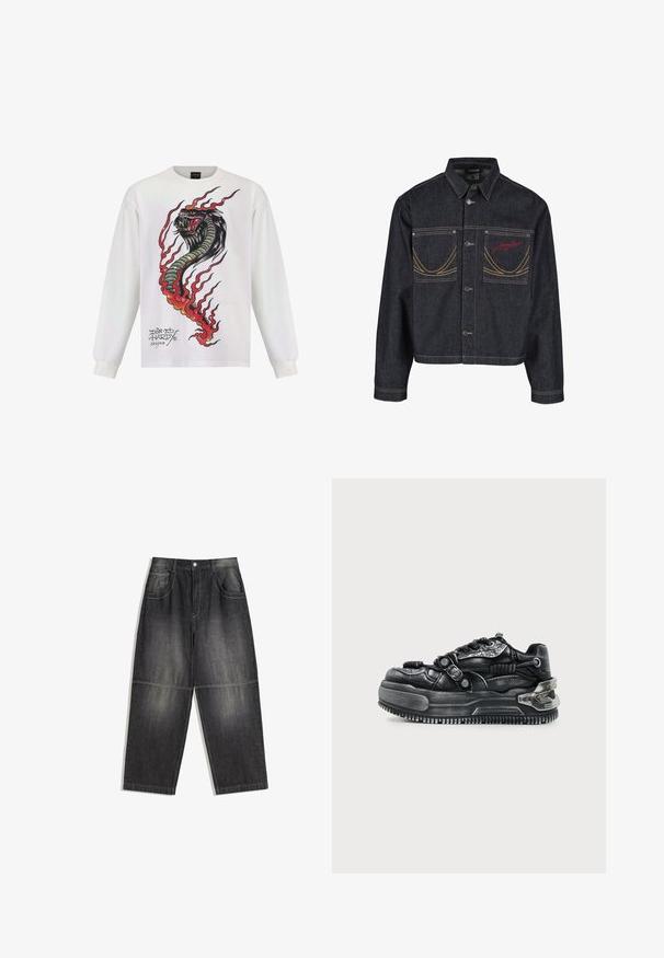 Mørkeblå denimjakke med to brystlommer, knaplukning, kontrasterende gule syninger og rødt broderet logo på venstre lomme.; Langærmet hvid skjorte med et farverigt slangemotiv med flammer og detaljeret udsmykning, mærket med "Don Ed Hardy designs."; Mørkegrå denimbukser med en løs pasform, to forlommer og kontrasterende syninger. Stofmet har en let falmet udseende.; Sort chunky sneaker med tyk sål, snørebånd, teksturerede stropper og metal detaljer på hælen og siderne mod en lys baggrund.