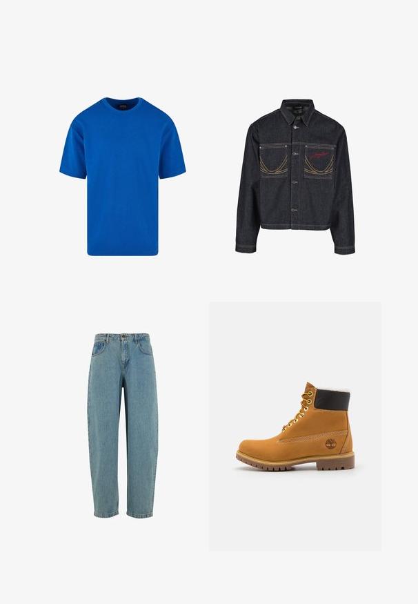Veste en denim bleu foncé avec deux poches poitrine, fermeture à boutons, surpiqûres jaunes contrastantes et logo brodé rouge sur la poche gauche.; T-shirt bleu à manches courtes en coton, avec un col rond classique et une coupe décontractée. Texture lisse sans motifs ni accents visibles.; Jean en denim bleu clair avec une coupe ample, cinq poches et un design à jambes droites. Dispose d'un zip classique et d'une fermeture à bouton.; Bottine en cuir brun avec œillets en métal, doublure en fourrure blanche, col rembourré noir, semelle robuste et logo en relief sur le côté.