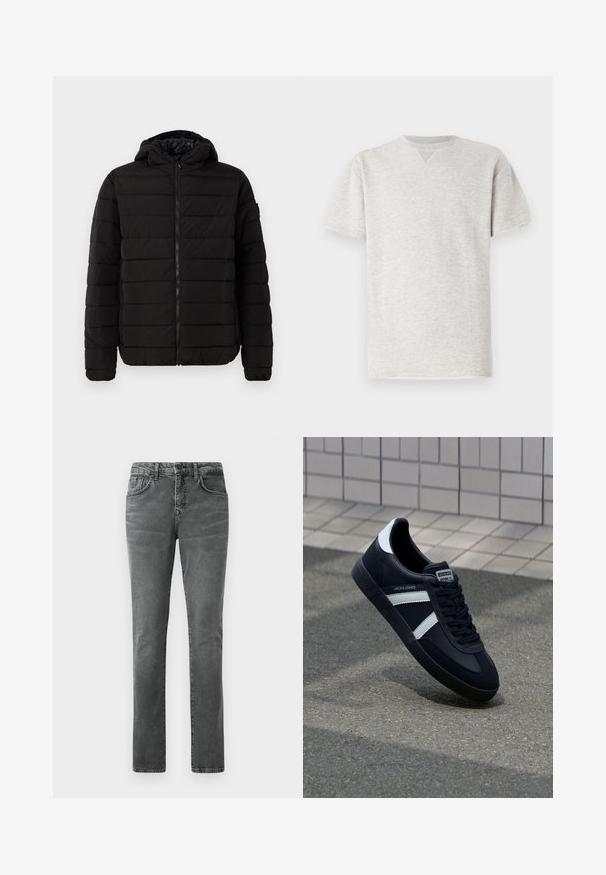 Schwarze Pufferjacke mit Kapuze, ausgestattet mit einem gesteppten Design, Reißverschluss und gerippten Bündchen. Glatte Oberfläche ohne sichtbare Logos oder Muster.; Graues T-Shirt mit kurzen Ärmeln aus weichem Stoff. Verfügt über einen klassischen Rundhalsausschnitt und eine lockere Passform mit einer subtilen melierten Textur.; Graue Jeans aus Denim mit geradem Bein, Fünf-Taschen-Design, dezenter Ausbleichung und Gürtelschlaufen. Keine sichtbaren Logos oder Verzierungen.; Schwarze Leder-Sneaker mit weißen Streifen, strukturiertem Gummisohle und Schnürung. Verfügt über ein Markenetikett auf der Zunge.