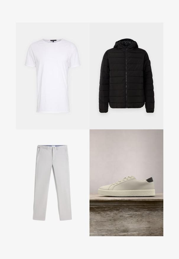 Chaqueta de plumas negra con capucha, que presenta un diseño acolchado, cierre de cremallera y puños de canalé. Acabado suave sin logotipos ni patrones visibles.; Camiseta de algodón blanca con cuello redondo, mangas cortas y corte recto. Presenta una textura simple y suave sin patrones adicionales.; Pantalones ajustados de hombre de color gris claro con bolsillos laterales, cierre de botones, trabillas para cinturón y pequeño detalle de bandera roja, blanca y negra en la cintura.; Zapatilla blanca con suela texturizada y detalle negro en el talón, flotando sobre un banco de madera con hierba alta y verde de fondo.