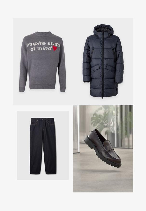 TOM TAILOR Manteau d'hiver - sky captain blue; Pull en tricot gris avec l'inscription "empire state of mind" en blanc et un accent en forme de cœur rouge. Col rond et ourlet et poignets côtelés.; Jeans en denim noir avec une coupe droite, dotés d'une fermeture à bouton et à zip, de deux poches avant et de coutures orange contrastantes.; Chaussure à enfiler en cuir marron avec un bout rond et une semelle en caoutchouc noire robuste. Présente une bride décorative traversant le coup de pied.