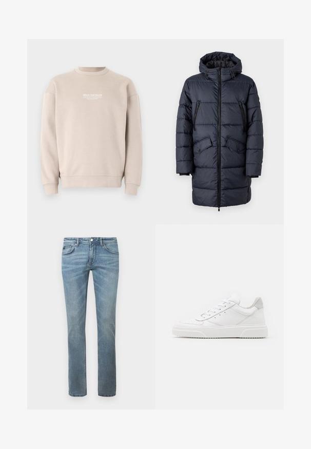 TOM TAILOR Wintermantel - sky captain blue; Beige sweatshirt gemaakt van zachte stof met een ronde hals. Voorzien van witte tekstlogo op de borst en ribgebreide manchetten en zoom.; Lichtblauwe jeans met een recht model, gemaakt van denim. Kenmerken zijn standaard zakken, riemlussen en subtiele vervaging.; Witte leren sneakers met een gladde afwerking, ronde neus, platte veters en een gestructureerde zool. Grijze suède accent bij de hiel.