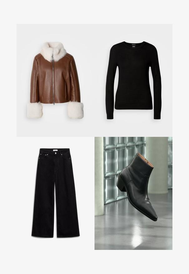Marc Cain Leren jas - dark chestnut brown; Zwarte trui van fijne brei, met een ronde halslijn en lange mouwen met smalle manchetten. Geen zichtbare patronen of versieringen.; Zwarte wijde jeans gemaakt van denim, met een hoge taille, vijf zakken en zilveren hardware accenten. Soepele textuur, strakke ontwerp.; Zwarte leren enkellaars met een spitse neus en blokhak die zweeft boven een reflecterende grijze vloer nabij een glazen blokmuur.
